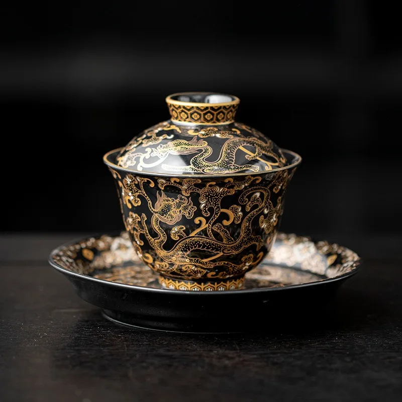Premium Elegant Handmade Black and Gold Glazed Dragon Pattern Kung Fu Ceramic Tea Set Gifts Box for Business Elders Home Office