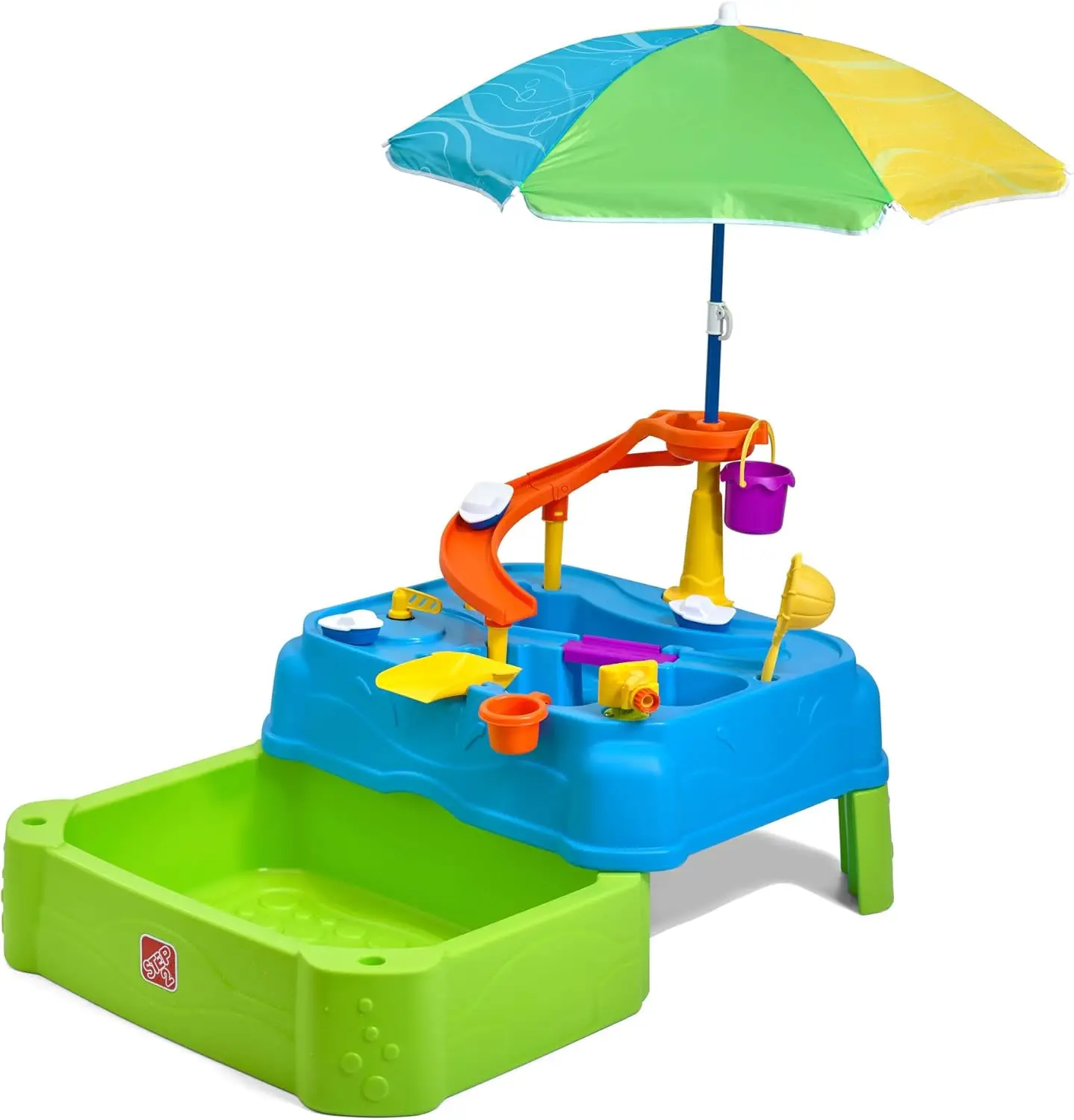 

Two-Tier Water Table with Umbrella & 11 Accessories, Outdoor Sensory Play Toy for Kids 18 Months+, Blue