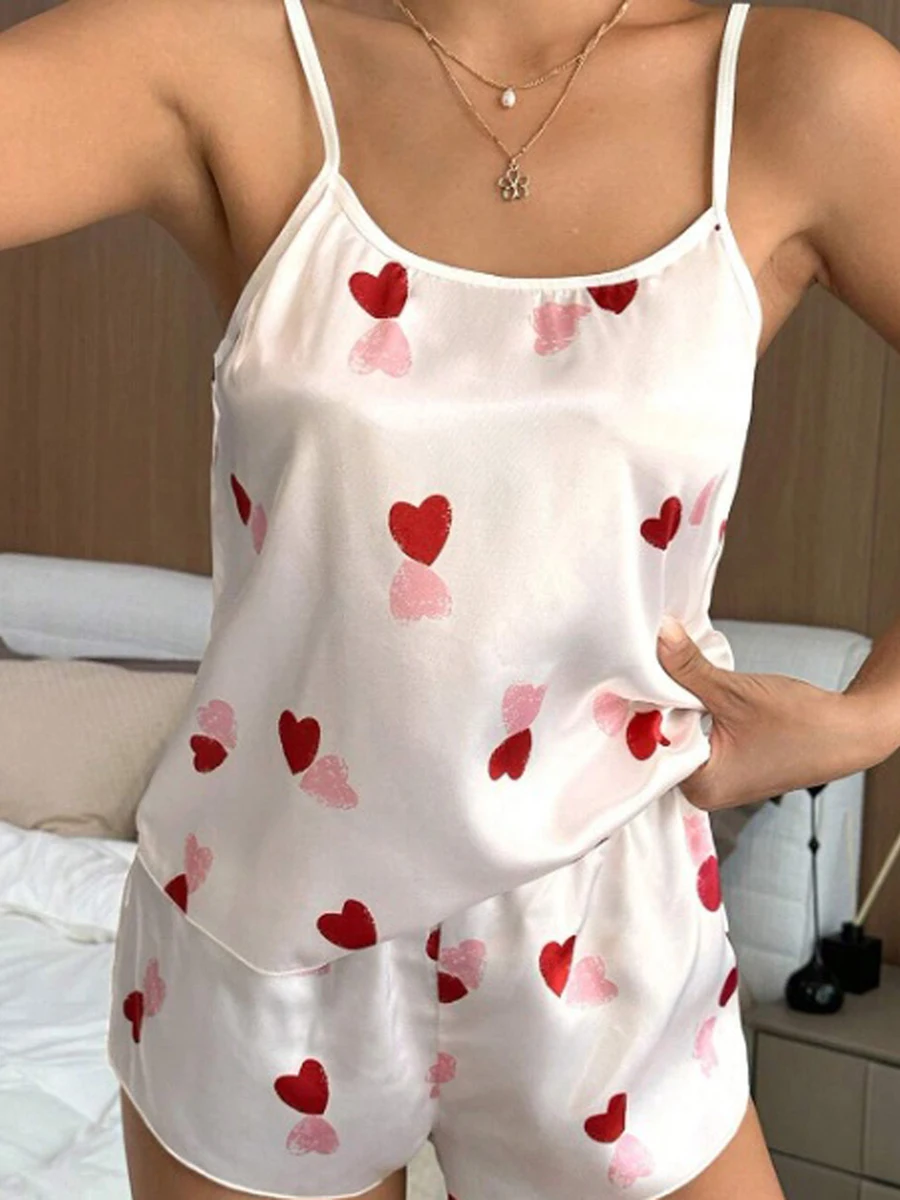 

Lounge Women's Satin Silk Pajama Set Sleeveless Heart Print Cami Tops Casual Shorts Sleepwear Sets Homesuits