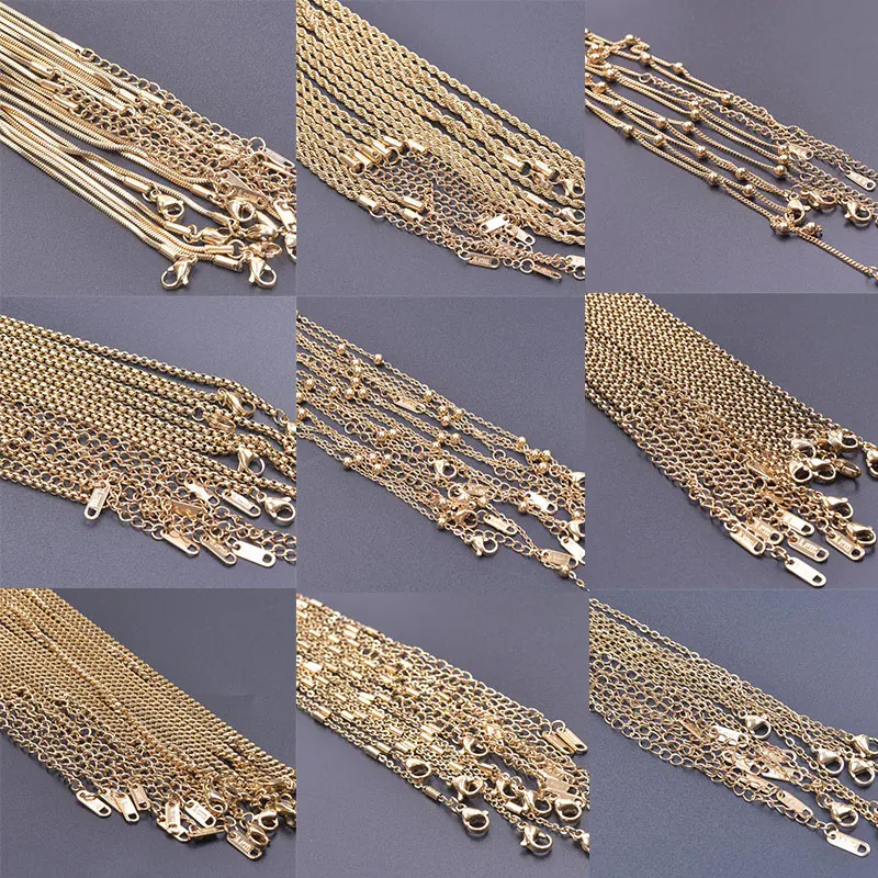 10pcs/Lot Gold Color Stainless Steel Chain 45cm Adjustable Necklace Width 1.2/1.5/1.6/2.2/2.5/3mm Men Women Jewelry Chain Bulk