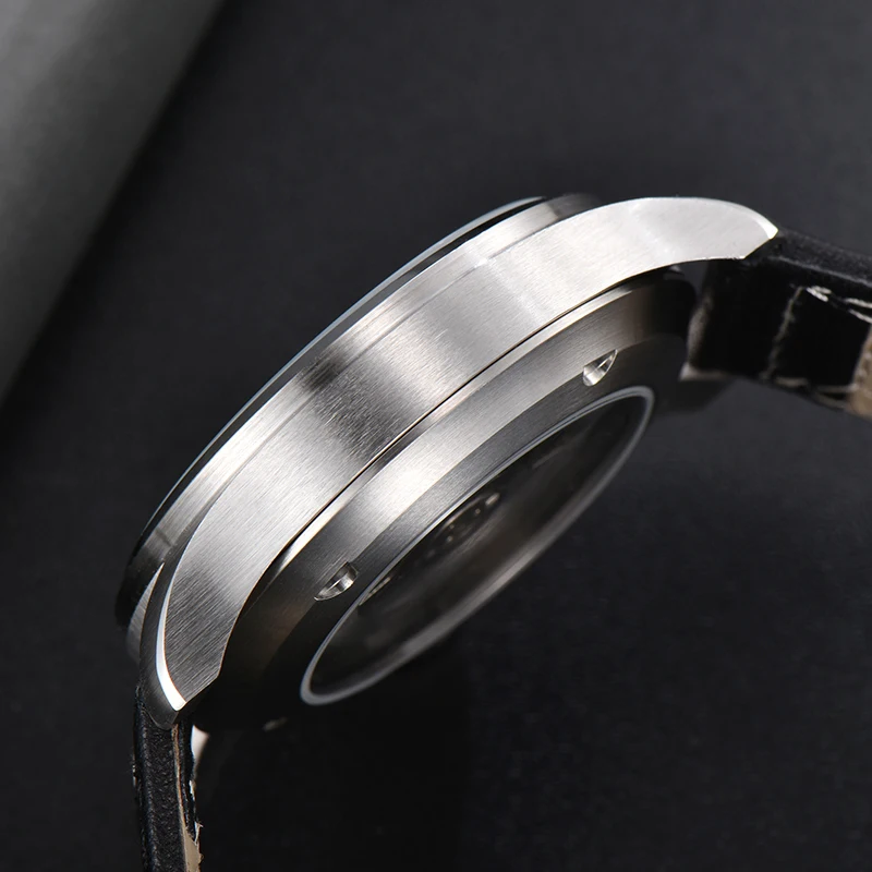 새로운 Parnis 46.5mm 블랙 다이얼 자동 기계식 남자 시계 달력 가죽 스트랩 남자 스포츠 시계 럭셔리 남자 선물 시계