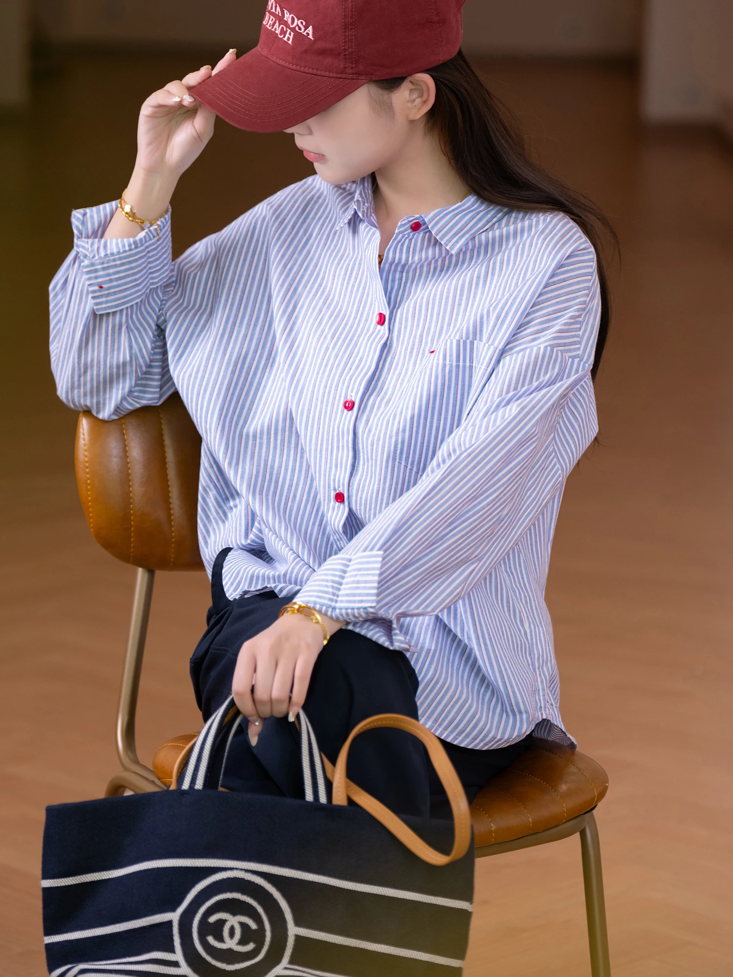 

Slimming Effect Long Sve Cotton irt Color Woven Striped Loose Fit Button down Collar Women's Casual irt by XiaoErProdu...