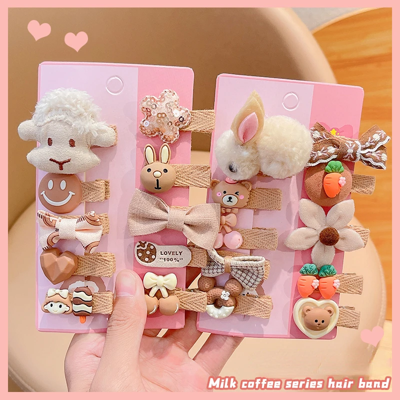 5/10/16 Pcs/Set Baby Girl Cute Plush Cartoon Flower Bow Hair Clips Children Coffee Color Lambswool Hairpins Kid Hair Accessories