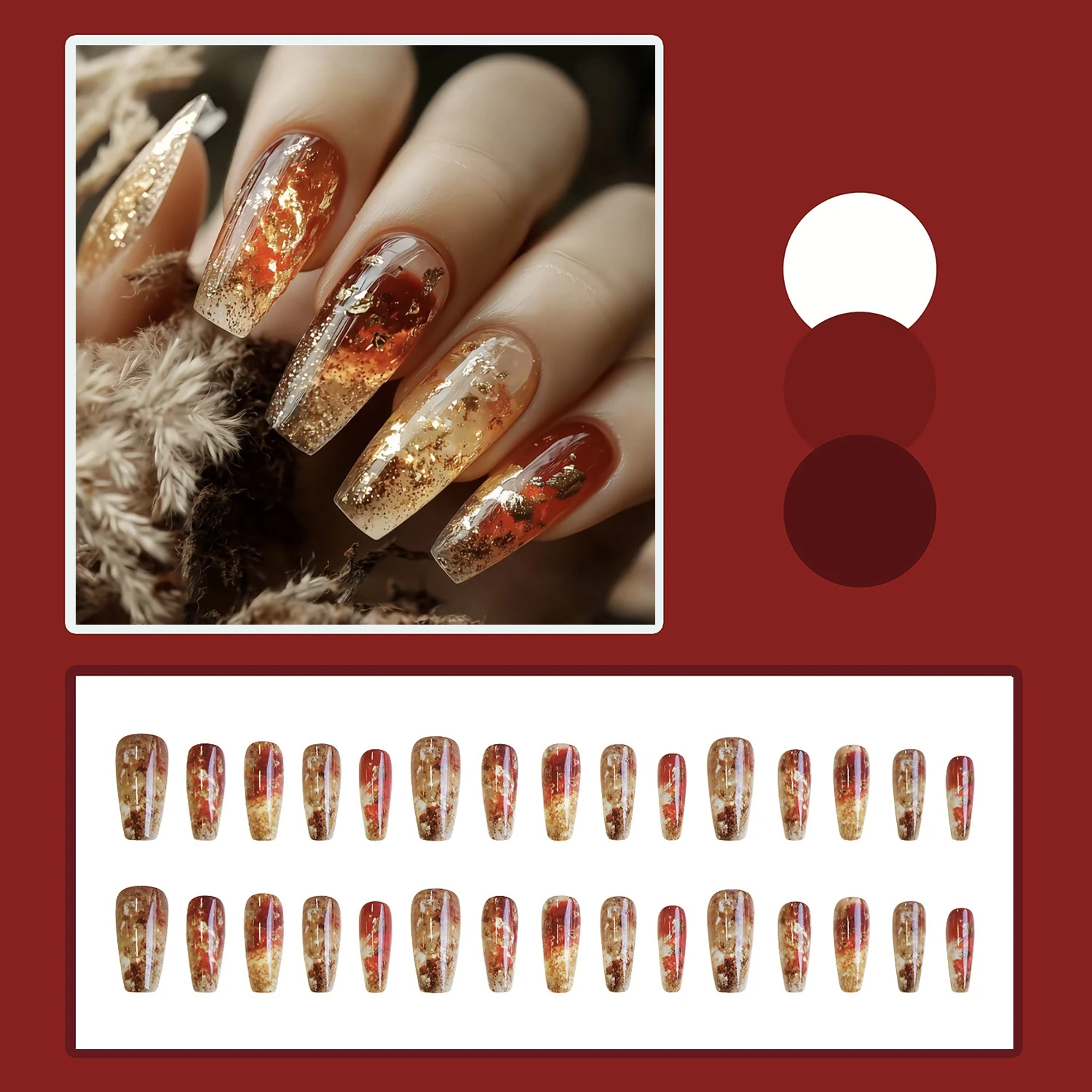 24pcs Medium long fake nails Golden Shiny Powder gradual Design  flash for gilr press on false nail art