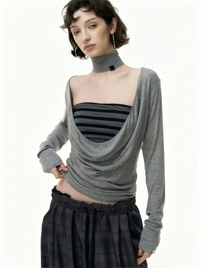 Vintage Y2k Off shoulder T-Shirt Women Long Sleeve Fake Two Piece Summer Top Casual Long sleeve Loose Shirt Drape Collar