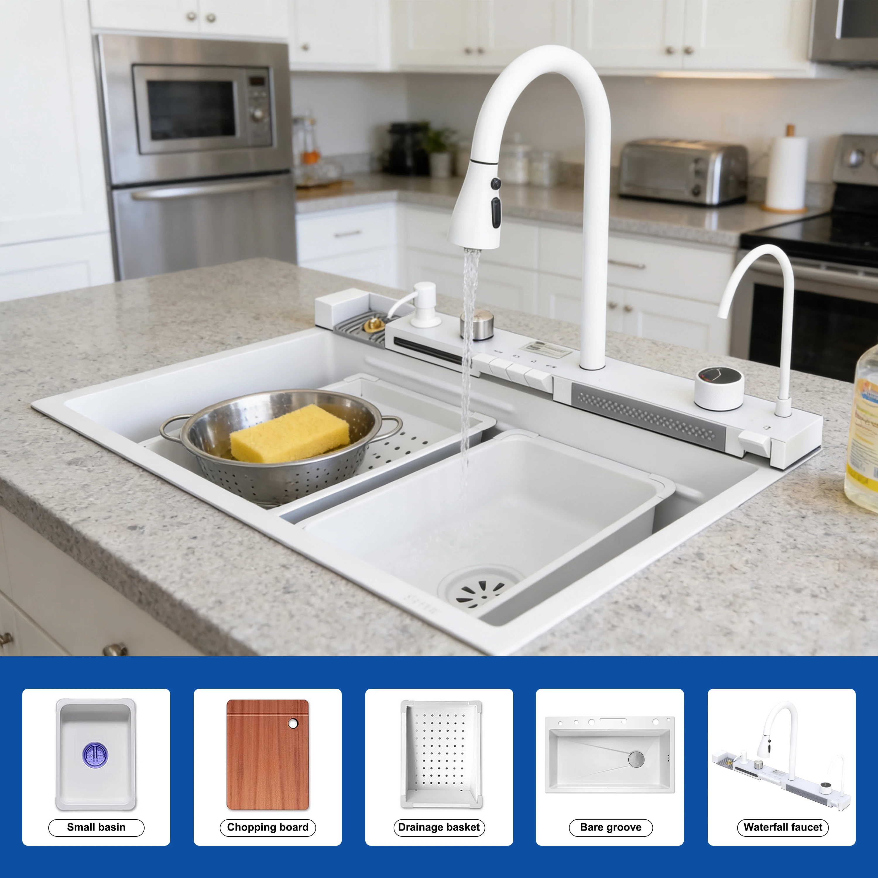 Modern Digital Display Waterfall Smart Single Rectangular Stainless Steel Above Counter One Counter Kitchen Faucet Brushed