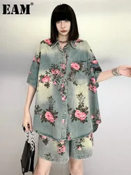 [EAM] camisa vaquera azul, pantalones cortos de pierna ancha, traje de dos piezas, solapa nueva, manga corta, moda para mujer, tendencia Primavera Verano 2024 1DH6138