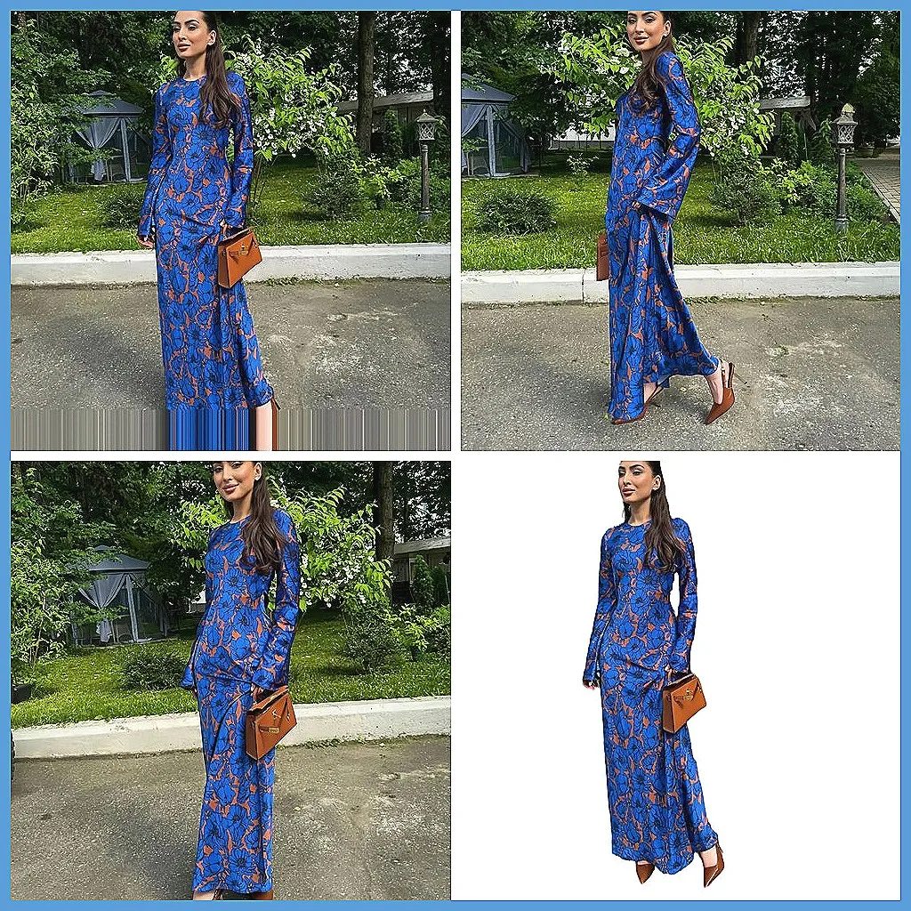 

Elegant Blue Printed Women's Long Dress with Lace Waist for Party Autumn Style