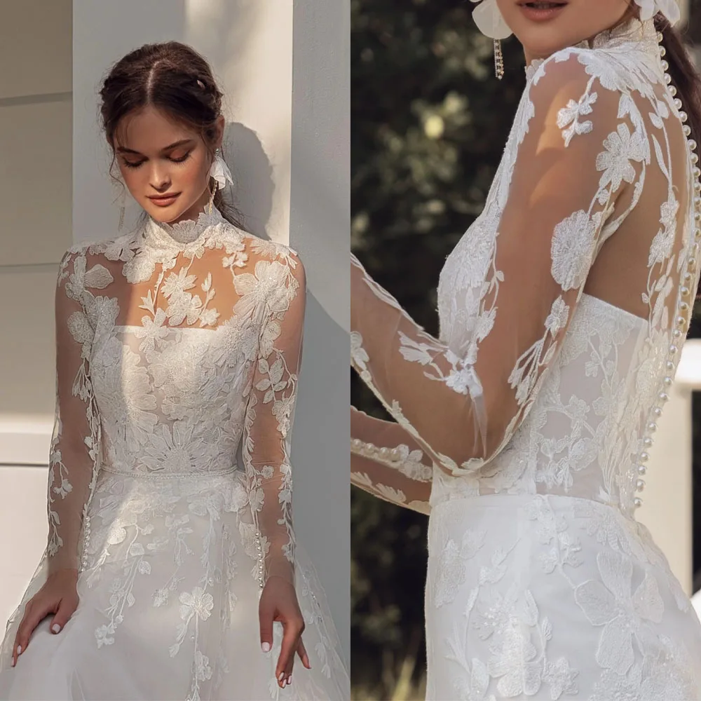 Luxury Ivory Sheer Lace High-Neck Bridal Bolero Pearl Button Back Floral Applique Women Wedding Capelet CustomJ26838