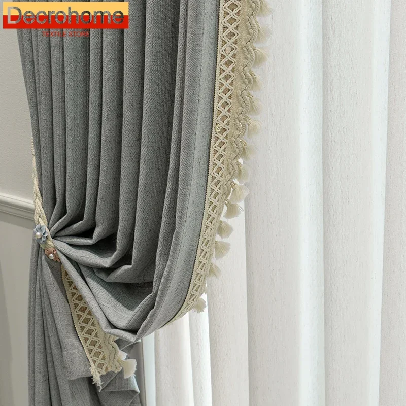 

Japanese Cotton and Linen Gray Jacquard Tassel Splicing Blackout Curtains for Living Room Bedroom Floor-to-ceiling Windows Villa