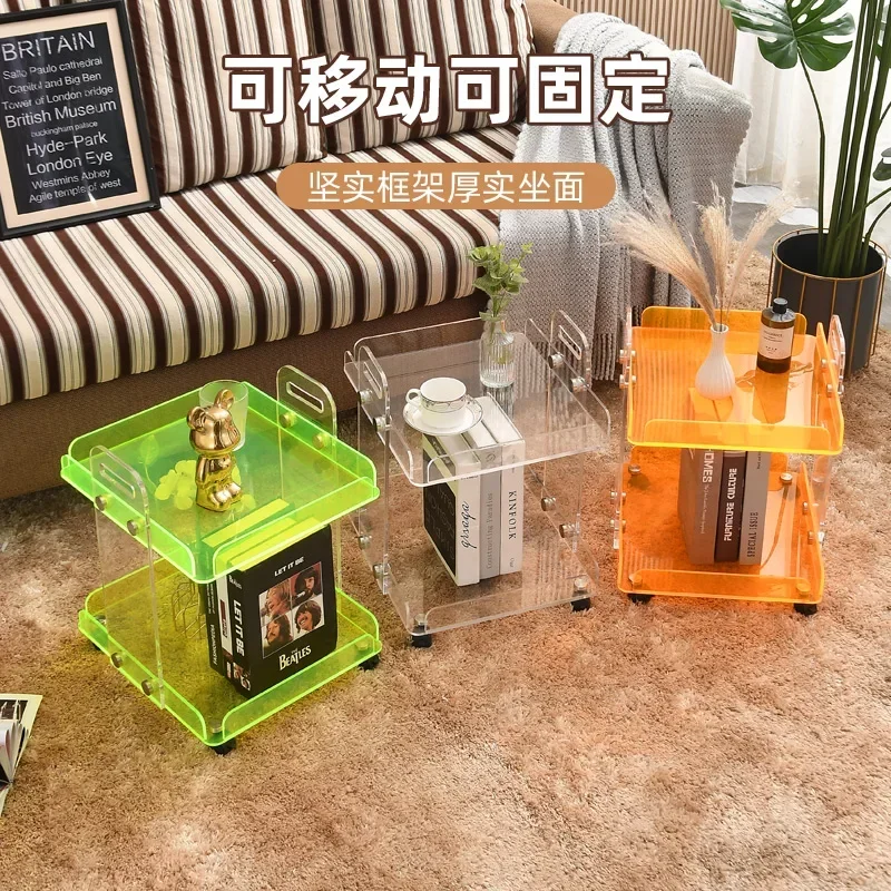 Acrylic Transparent Side Table Movable Storage Rack with Wheels Trolley Storage Rack Mobile Coffee Table