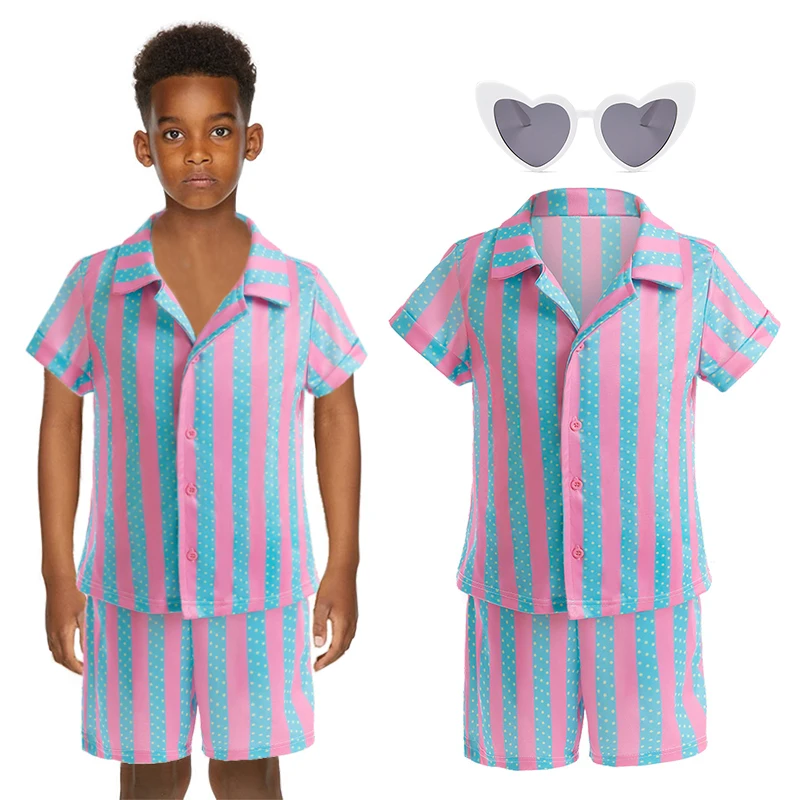 Carnival Kids Cosplay Movie Barbi Ken Costume Baby Boys Striped Shirt + Shorts Clothing Set Holiday Outdoor Beach Party Clothes