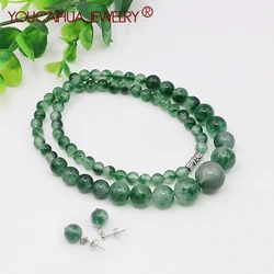 6-14mm Natural Green Granites Jade Chalcedony Tower Round Bead Necklace/Earring Sets, Accessory NeckChain,Women Girl Gift 18inch