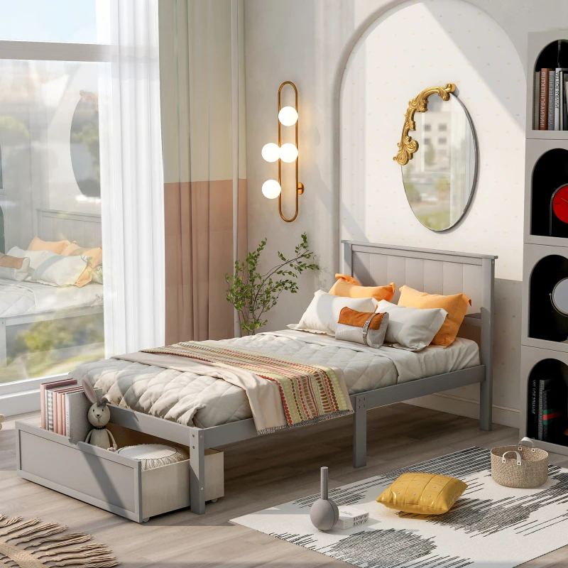 

Twin Size Platform Bed with Under-bed Drawer, Gray