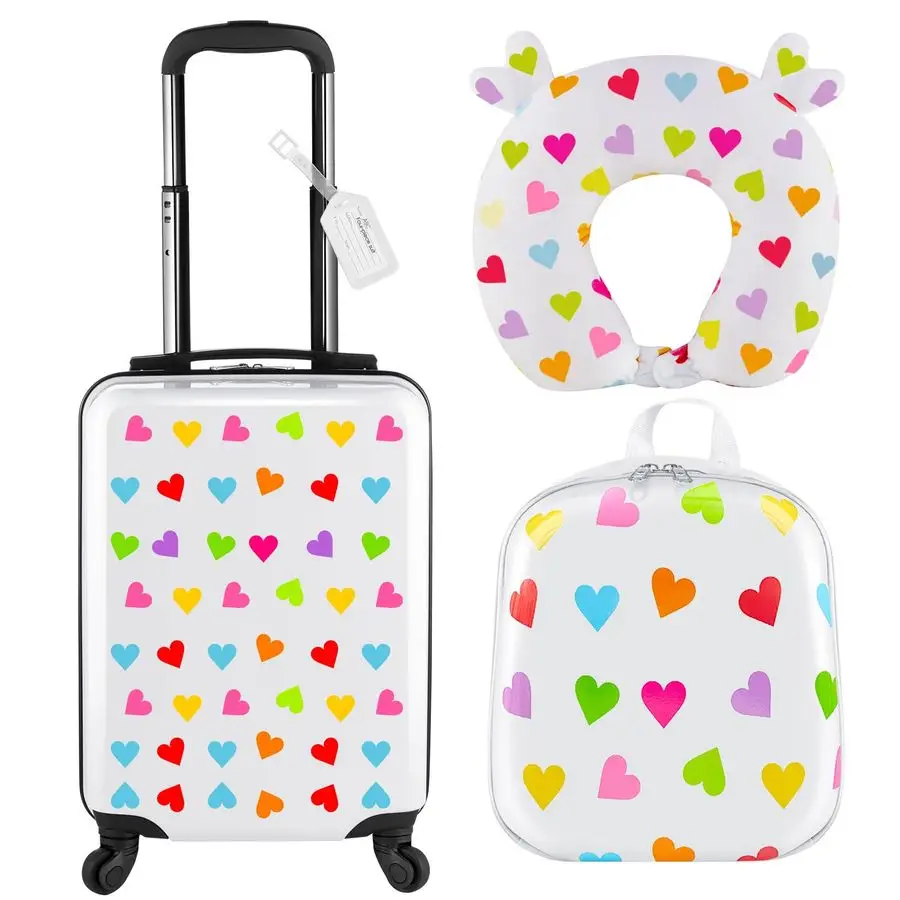 

Pcs Kids Luggage Set Backpack Travel Rolling Suitcase Ushape Pillow Christmas Children Gift for Girls Boys17 Inch,Heart Style,Wh