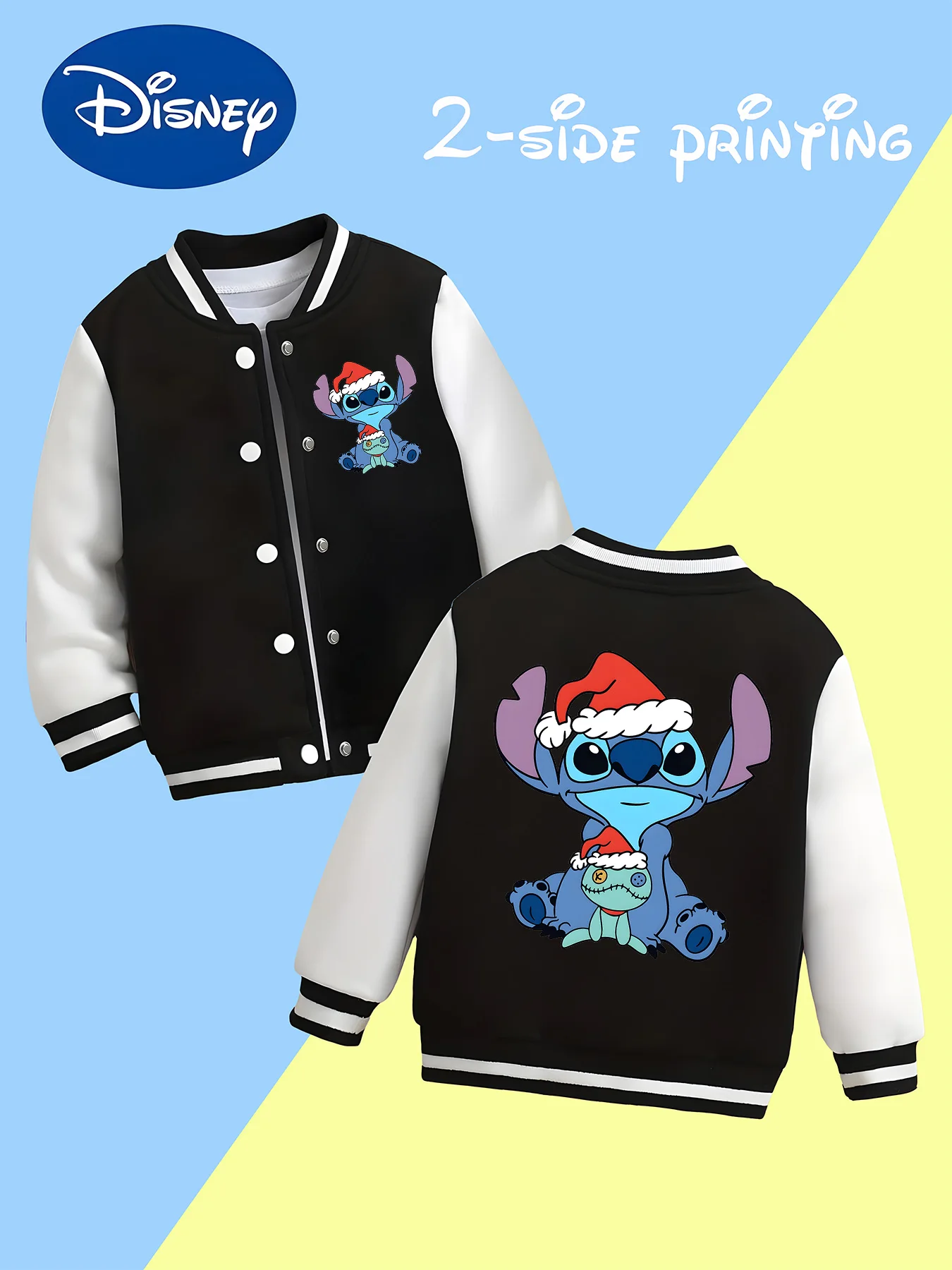 

MINISO Disney Boys' Baseball Jacket - Stitch Christmas Print, Double-sided Pattern, Warm and Trendy, Fun and Holiday Outerwear