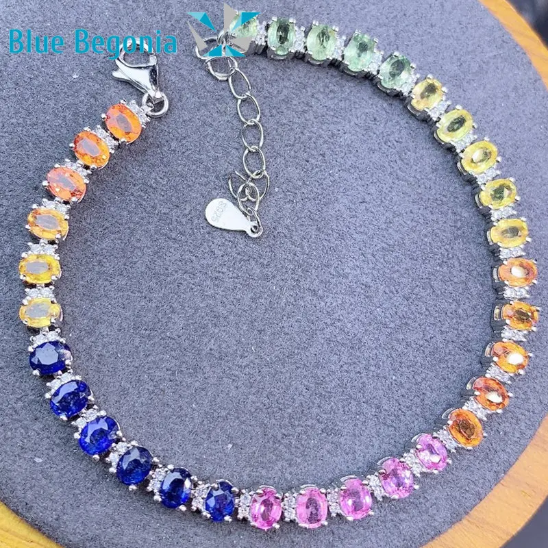 

Natural Colourful 5A Sapphire Bracelet 925 Sterling Silver Fine Jewelry for Women Anniversary Party Girl Gift 4*3mm Gemstones