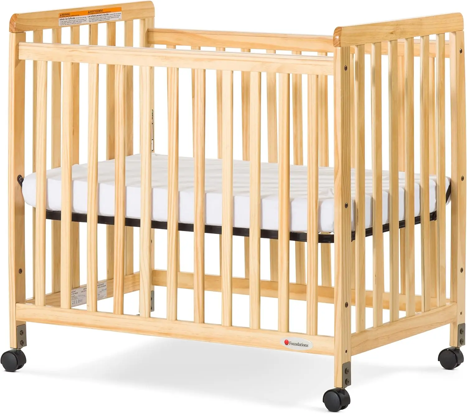 Foundations SafetyCraft Compact Slatted Daycare Crib, Durable Wood Construction, Non-Marking Casters (2 Locking), Includes 3”