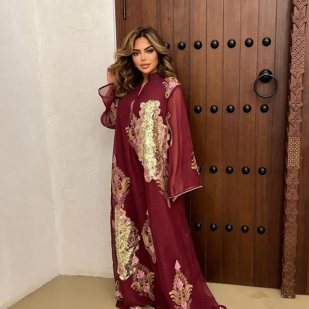 Embroider Muslim Evening Dress Elegant and Gorgeous Sequins Muslim Dress for Women Dubai Abaya Long Dress KaftanTurkish Dresses