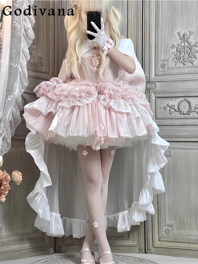 

French Princess Style Pink Puffy Dresses Summer Girl's Woman's High Waist Slim Sweet Elegant Big Bow Long Tail Vintage Dress