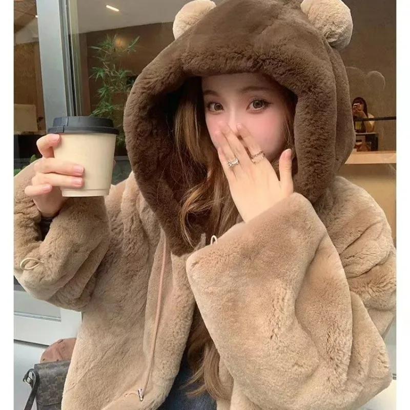 2023 New Fall Winter Cute Rex Rabbit Plush Fur Hooded Thickened Fur Coat Fashion Casual Comfortable Loose Women's Short Jacket