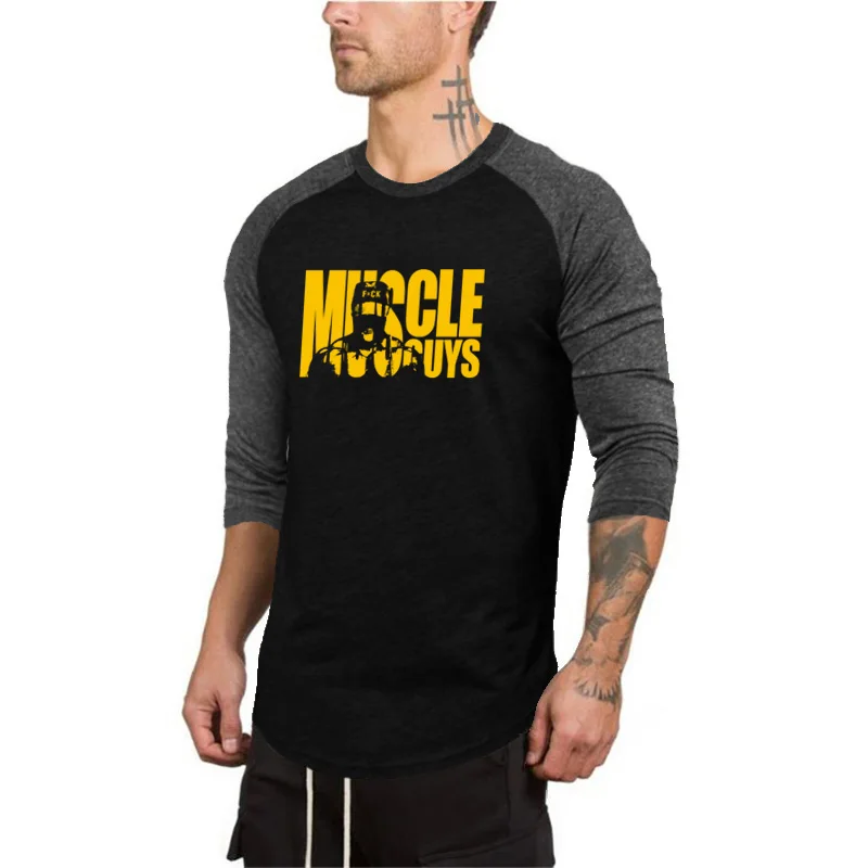 Gym Fitness Bodybuilding Muscle Clothing Men Casual Cotton Slim Fit T-Shirts Autumn Sport Three Quarter Sleeve Breathbale Shirts