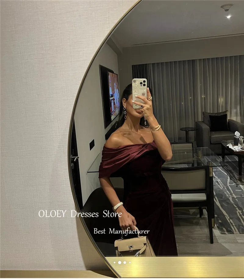 OLOEY 오프 숄더 다크 버건디 인어 벨벳 이브닝 드레스 빈티지 발목 길이 댄스 파티 드레스 공식 파티 드레스