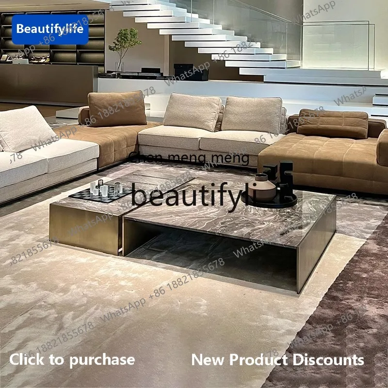 GG Italian Style Light Luxury Venice Brown Natural Marble Coffee Table Designer Square Coffee Table Set