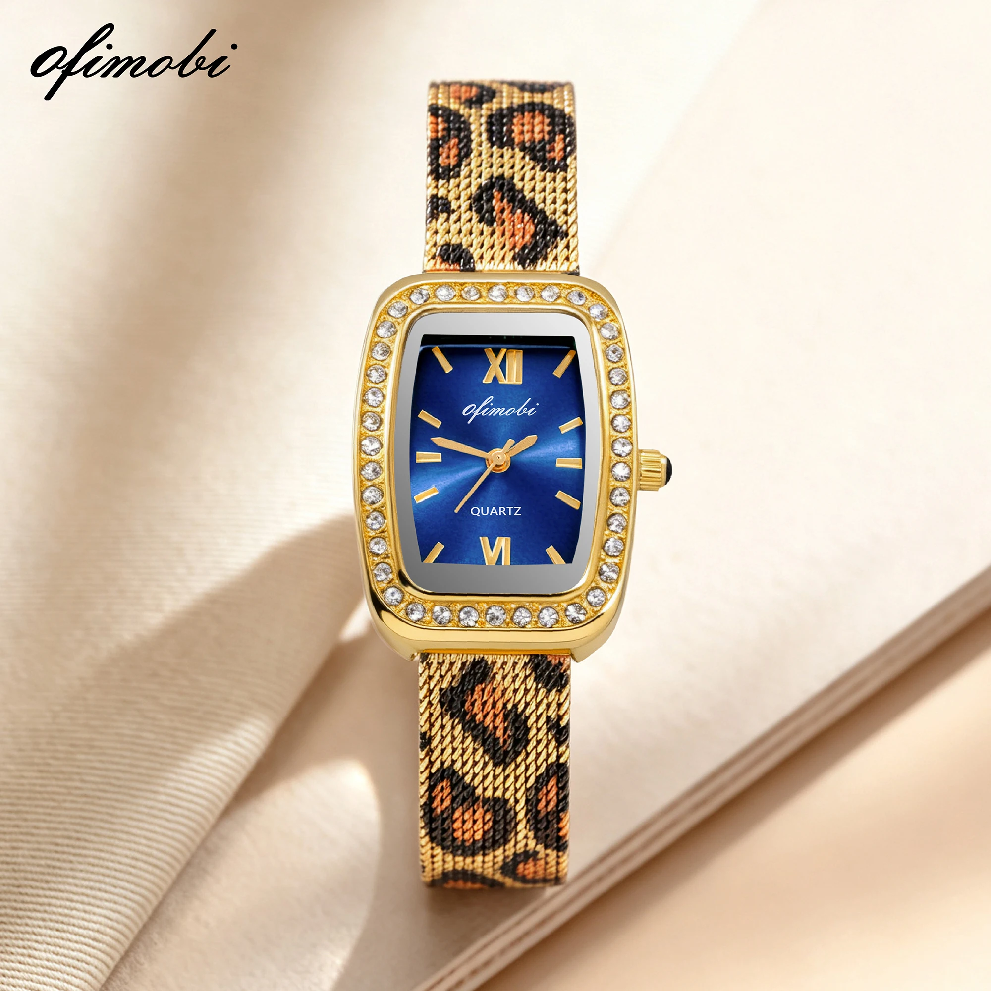 OFIMOBI Women Quartz Watch Rectangle Rhinestone Bezel Leopard-Print Milanese Strap Small Dial Fashion Bracelet Watch