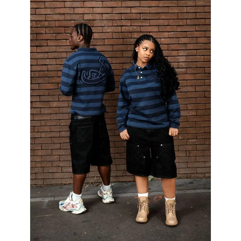Horizontal Stripe Long Sleeve Shirt Blue Black Color Block Patch Logo Henley Top