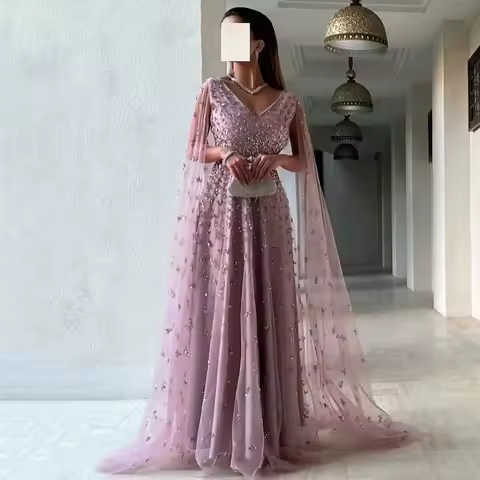 Luxury Beaded Prom Dresses With Cape Elegant Sequin Tulle Arabic Women Formal Evening Dress 2023 فساتين السهرة
