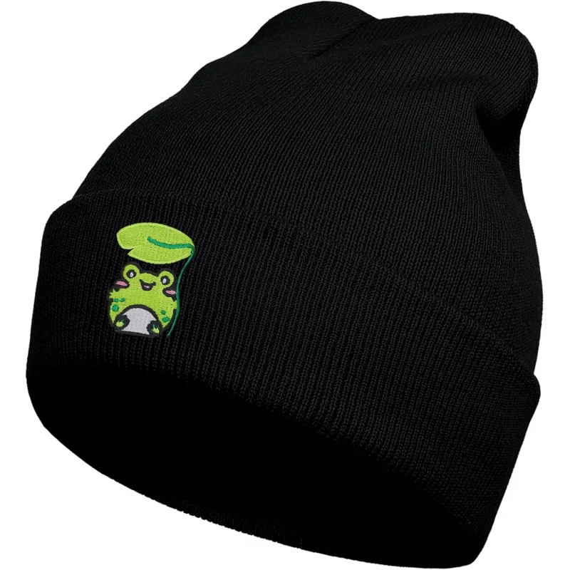 

Frog Mushroom Beanie Hat Black, Cute Embroidery Winter Knit Skull Cap Mushroom Frog Gifts for Adult Men Women