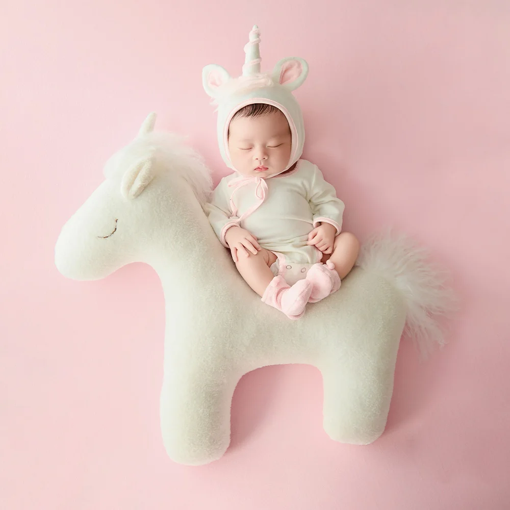 Professional Baby Photography Prop Adorable Unicorn Costume Unicorn Ride-On Posing Doll Flower Pillow Studio Creative Shoot Prop
