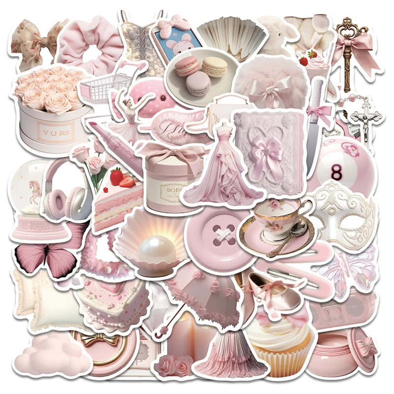 50Pcs Cute Pink Tender Style DIY Stickers Cute Coquette Girly Pink Stickers Pink Gentle Ballet Style Stickers Girls Kids Toys
