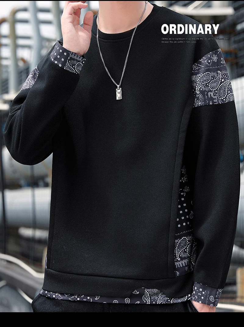 

Classical Fashion New Mens Sweatshirts Sports Fake Two Pieces O-neck Collar Fall Long Sleeve Casual Loose Men Pullovers Tops