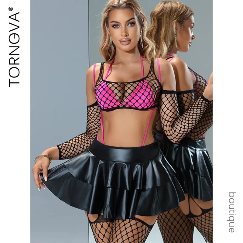 

Tornova Girl Sexy Halter Lingerie Fishing Net Patchwork Slim Skirt Women Hollow Interesting Hot Seductive Intimate Underwear Set