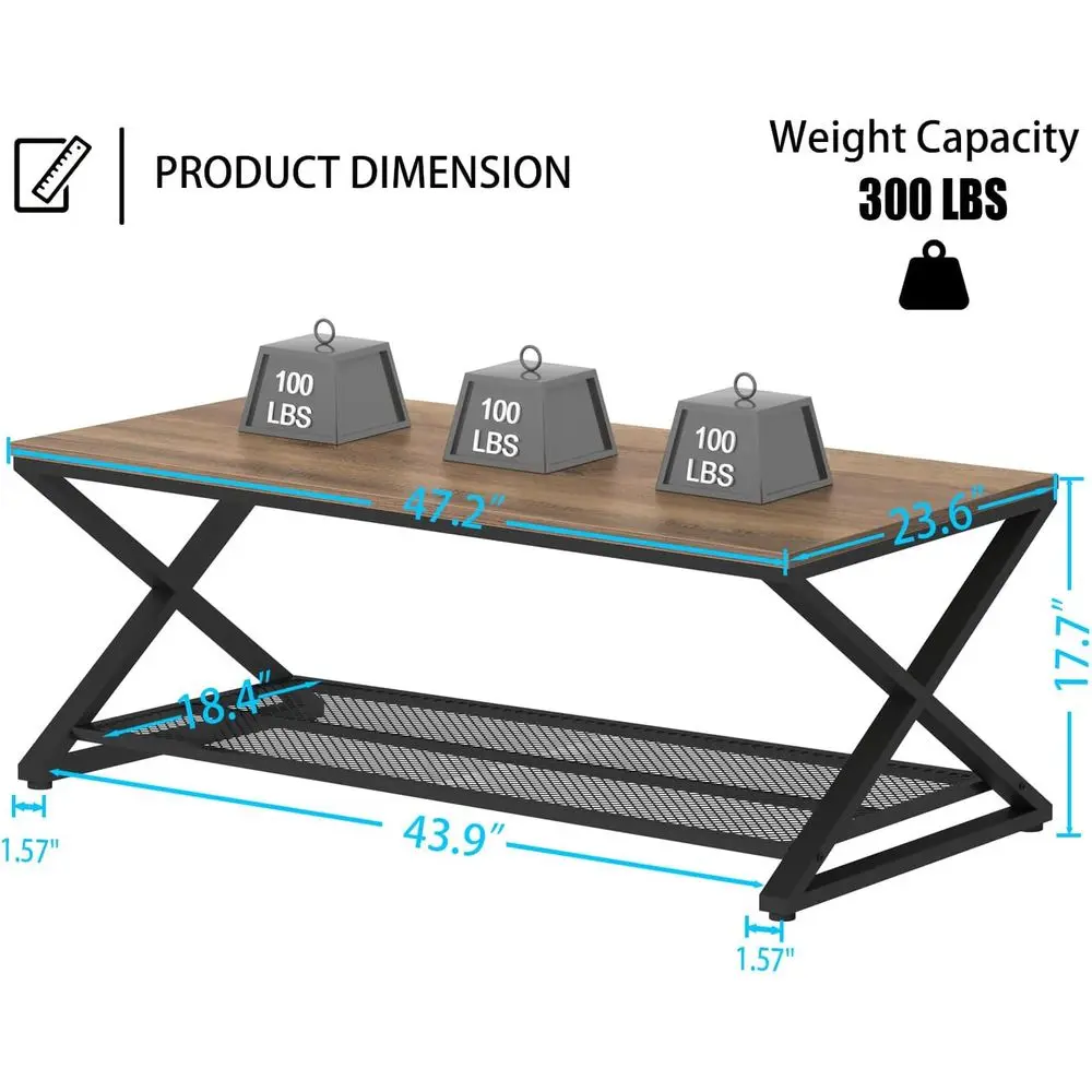Rustic Oak 47 Farmhouse 2-Tier Metal & Wood Coffee Table with Storage for Living Room and Office