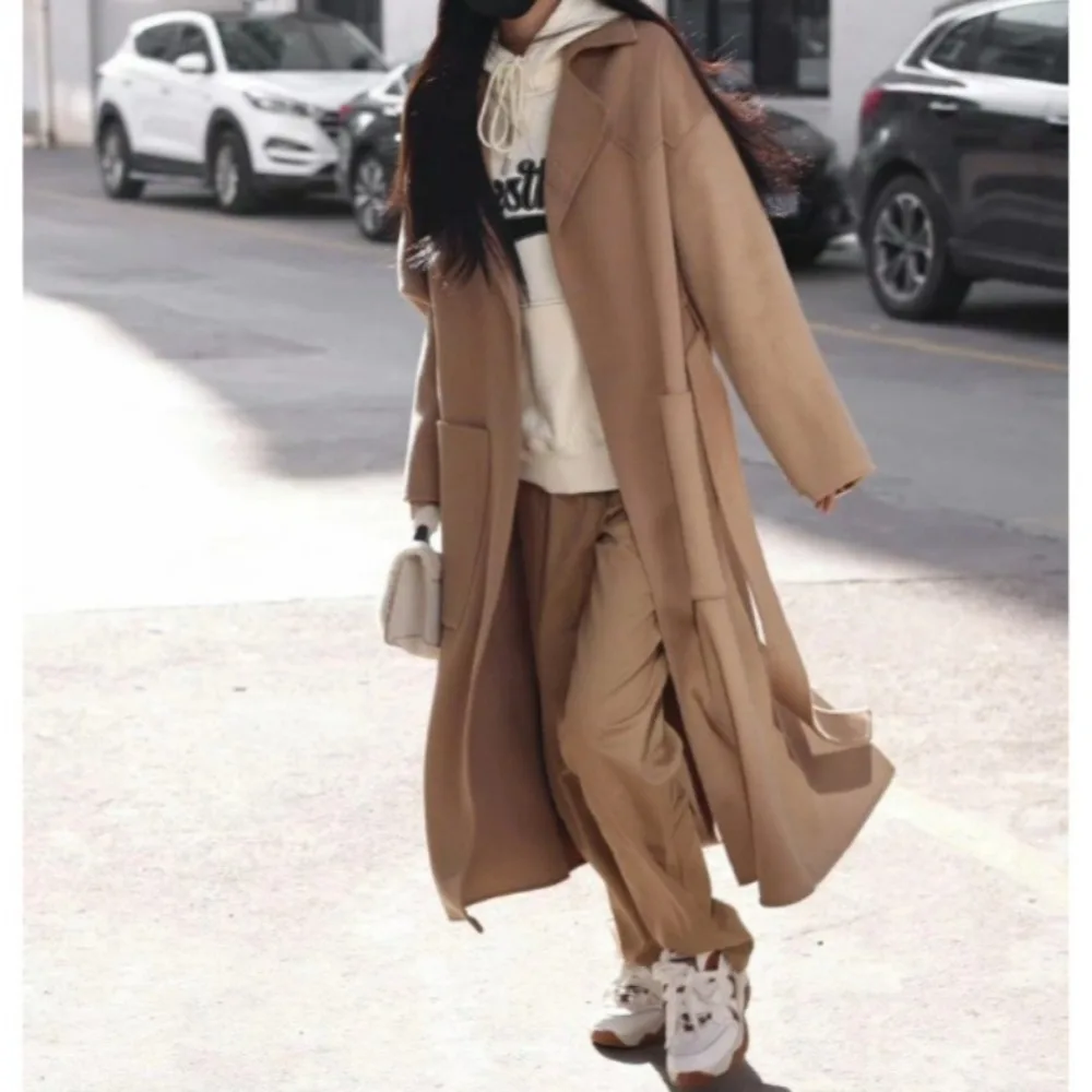 Autumn/Winter Oversized Long Style Wide Lapels Double-Faced Wool Robe Coat