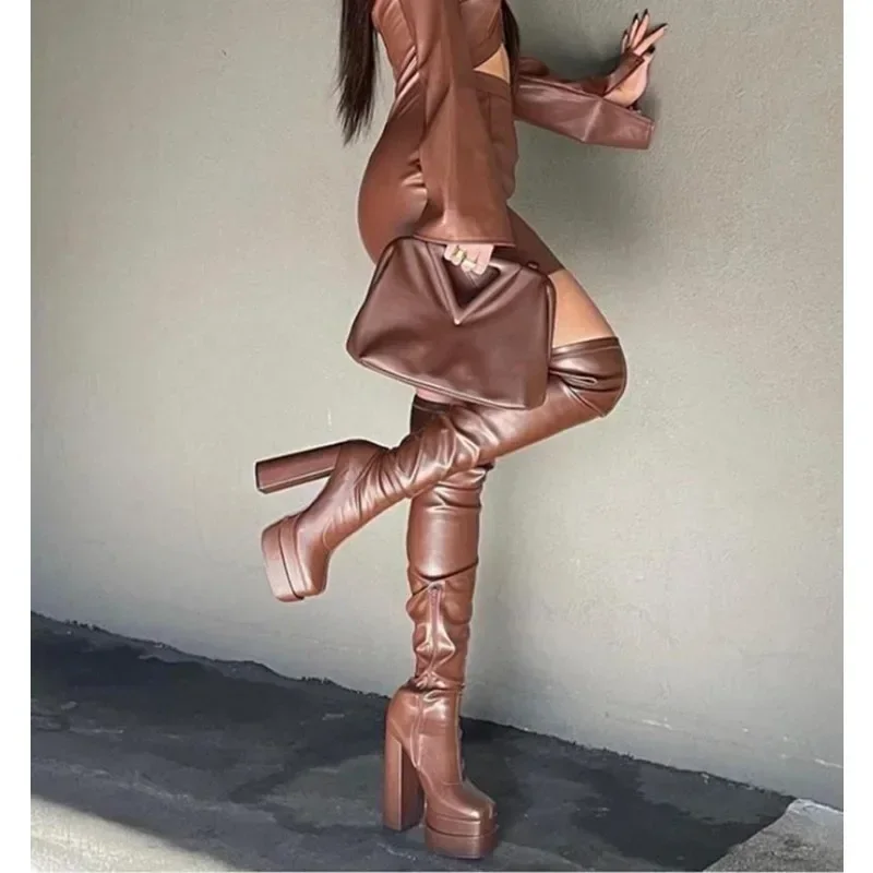 Bonjomarisa Women Thigh High Boots Double Platform Block High Heels Over The Knee Boots Zip Sexy Long Shoes Boots for Woman