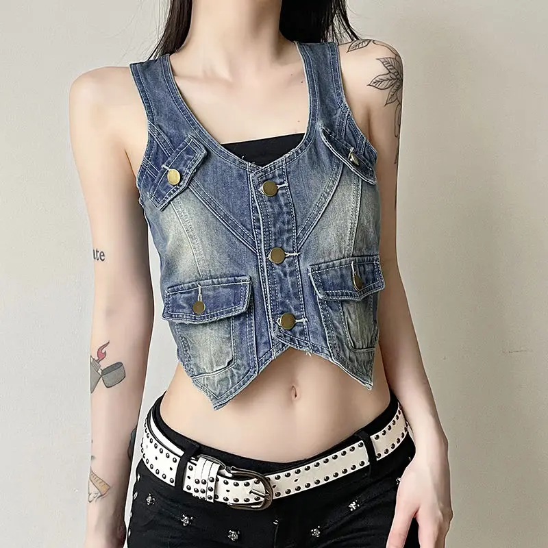 Workwear Denim Vest Button-Down Short Navel-Baring American Retro Distressed New Style Personalized Outer Vest Top