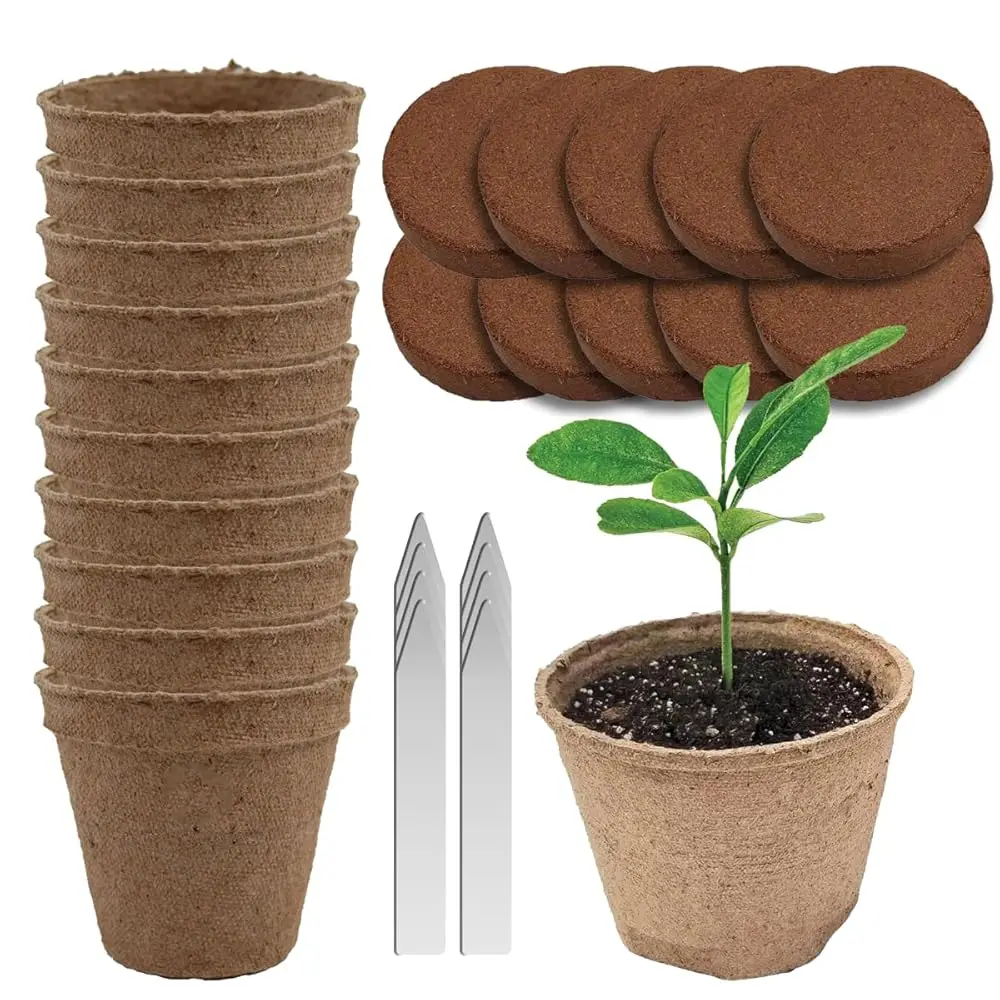 Seedling Starter Kit Germination Grow Cups and Soil (10 Pack) Biodegradable Peat Pots, Coco Coir Soil Discs, Plant Markers -