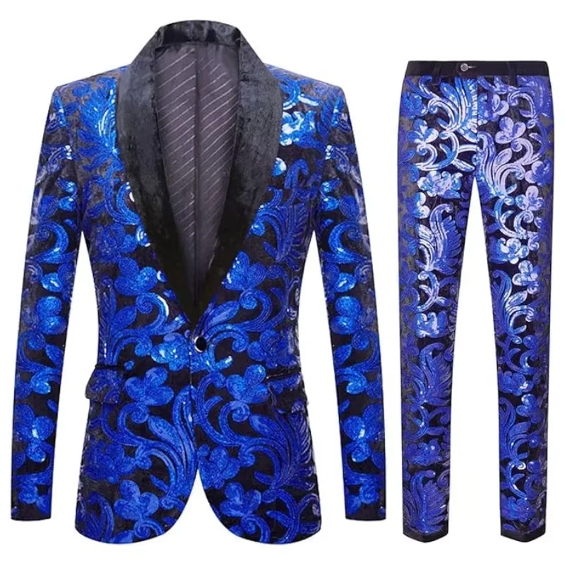 

Men's fashion sequined suit shiny tailcoat two-piece set (jacket+pants) wedding groom's formal dress dance performance set