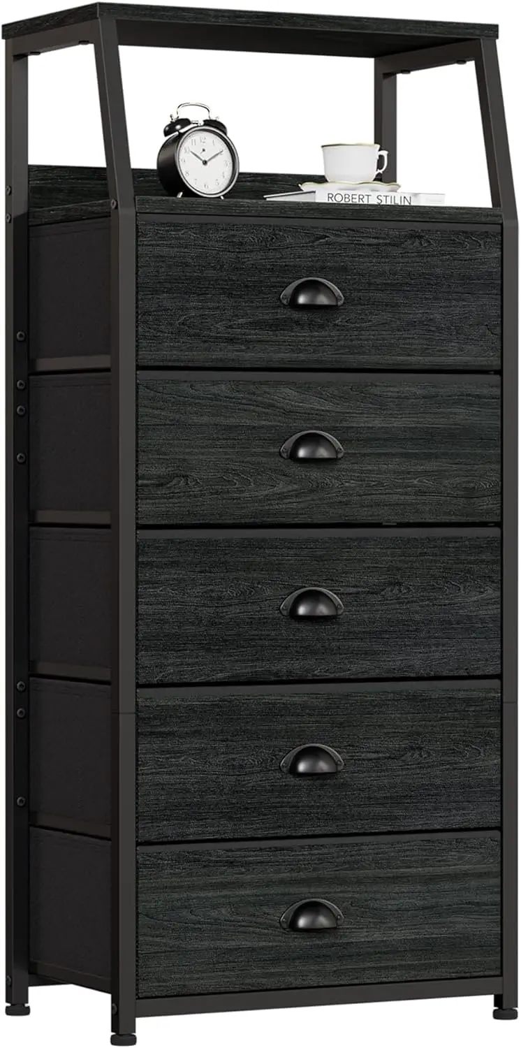 Black Dresser with 5 Drawers Vertical Storage Tower Fabric Dresser for Bedroom Hallway Entryway Nursery Closet Organizer