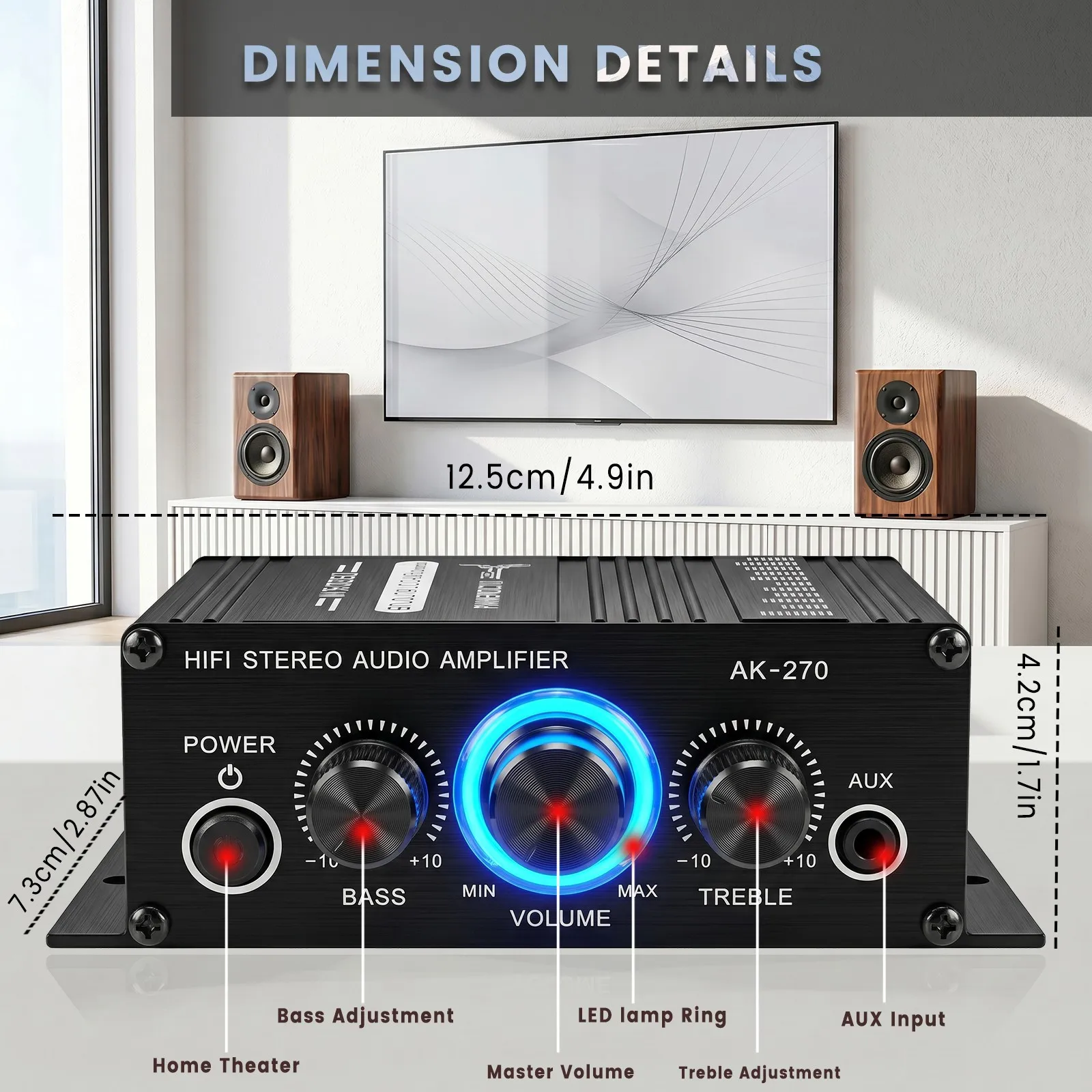AK-270 HiFi Digital Power Amplifier Dual Channel Stereo Audio Amp Bass Treble EQ Control Mini Home Car Marine Speaker Amplifier