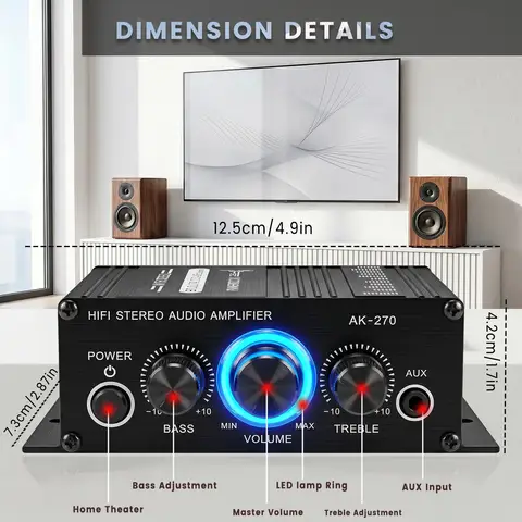 AK-270 HiFi Digital Power Amplifier Dual Channel Stereo Audio Amp Bass Treble EQ Control Mini Home Car Marine Speaker Amplifier