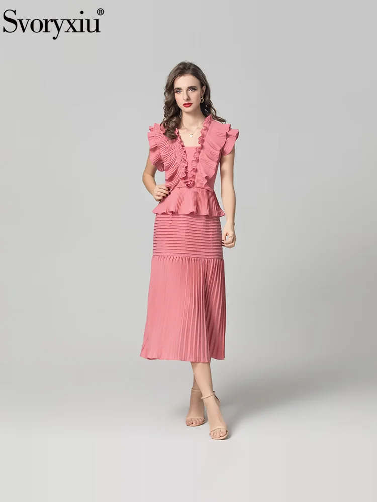 Svoryxiu Fashion Runway Summer Pink Elegant Midi Pleated Dress Women's V-Neck Flounces Sleeve High Waist A-Line Long Dresses