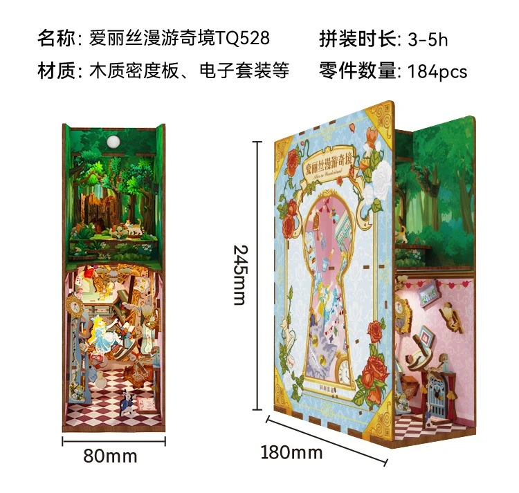 Tonecheer Alice's Avonturen in Wonderland Boekenhoek Poppenhuis DIY Diorama Modelbouwset 3D Houten Puzzel Houten Boekensteun Decoratie
