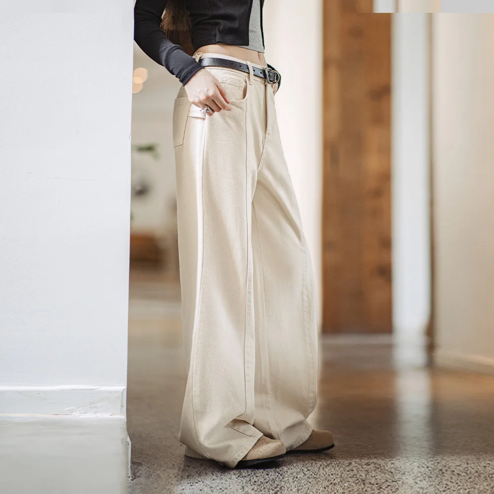 

Maden Vintage White Cottonseed Straight Loose Jeans Wide-Leg Casual Pants with Pockets Trousers for Women's Spring and Autumn