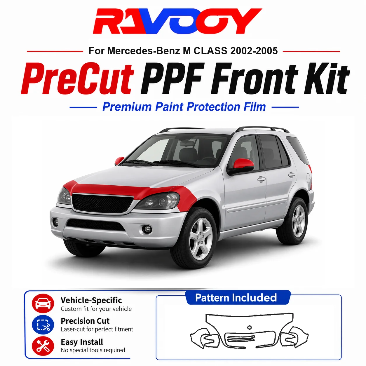 メルセデス・ベンツmクラス2002-2005用85mil-tpuプレカットppfキット-フード、フェンダー、ミラーセット-自己修復クリアブラフィルム
