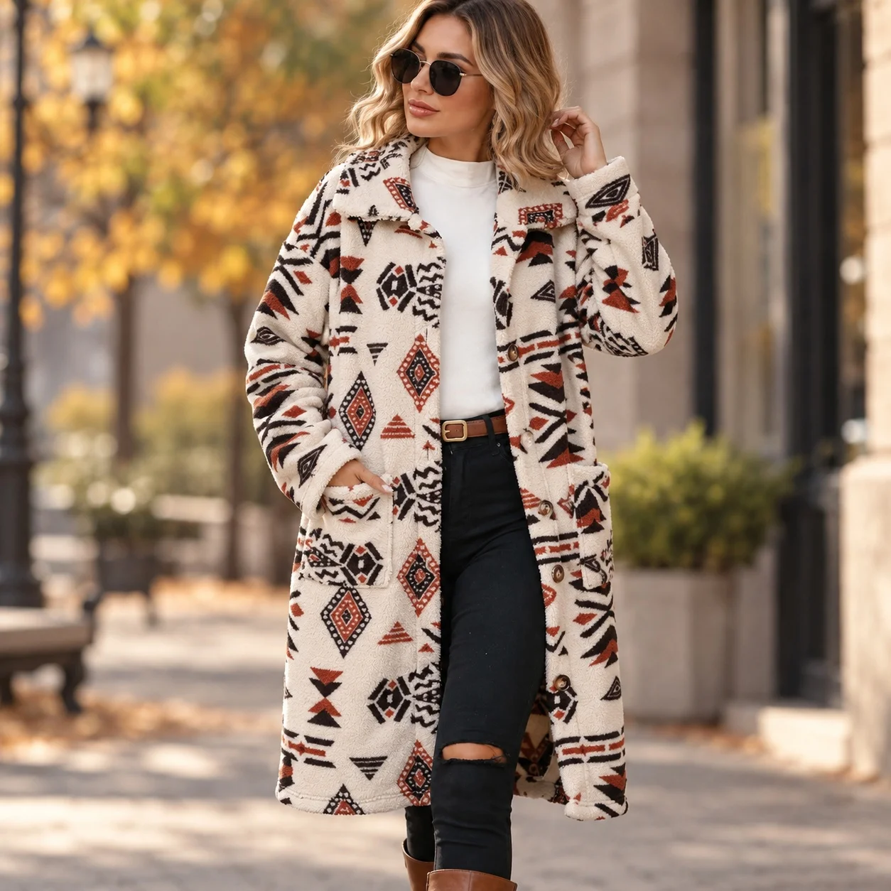 Long Sleeve Turn Down Collar Coats Regular Fit Ethnic Style with Pockets Lapel Collar Literary Retro Printed Pattern Women Coat